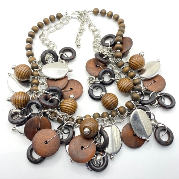 Wood Beads Silver Tone Boho Statement Necklace - Picture 2 of 8